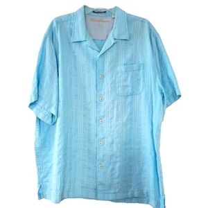 CARIBBEAN Men's Blue Linen Button-Up Short Sleeve Summer Shirt